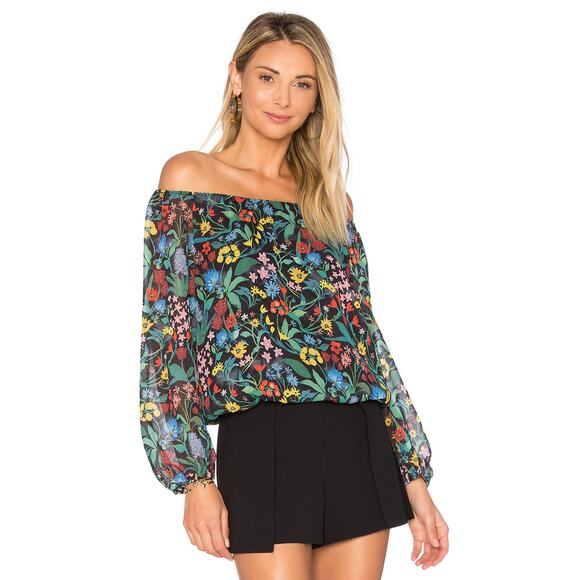 Alice + Olivia Alta Peasant Top Chelsea Wildflower & Black - Picture 1 of 4